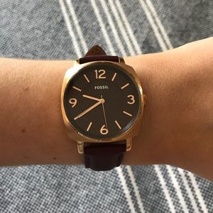 Fossil women’s wine red and rose gold square watch